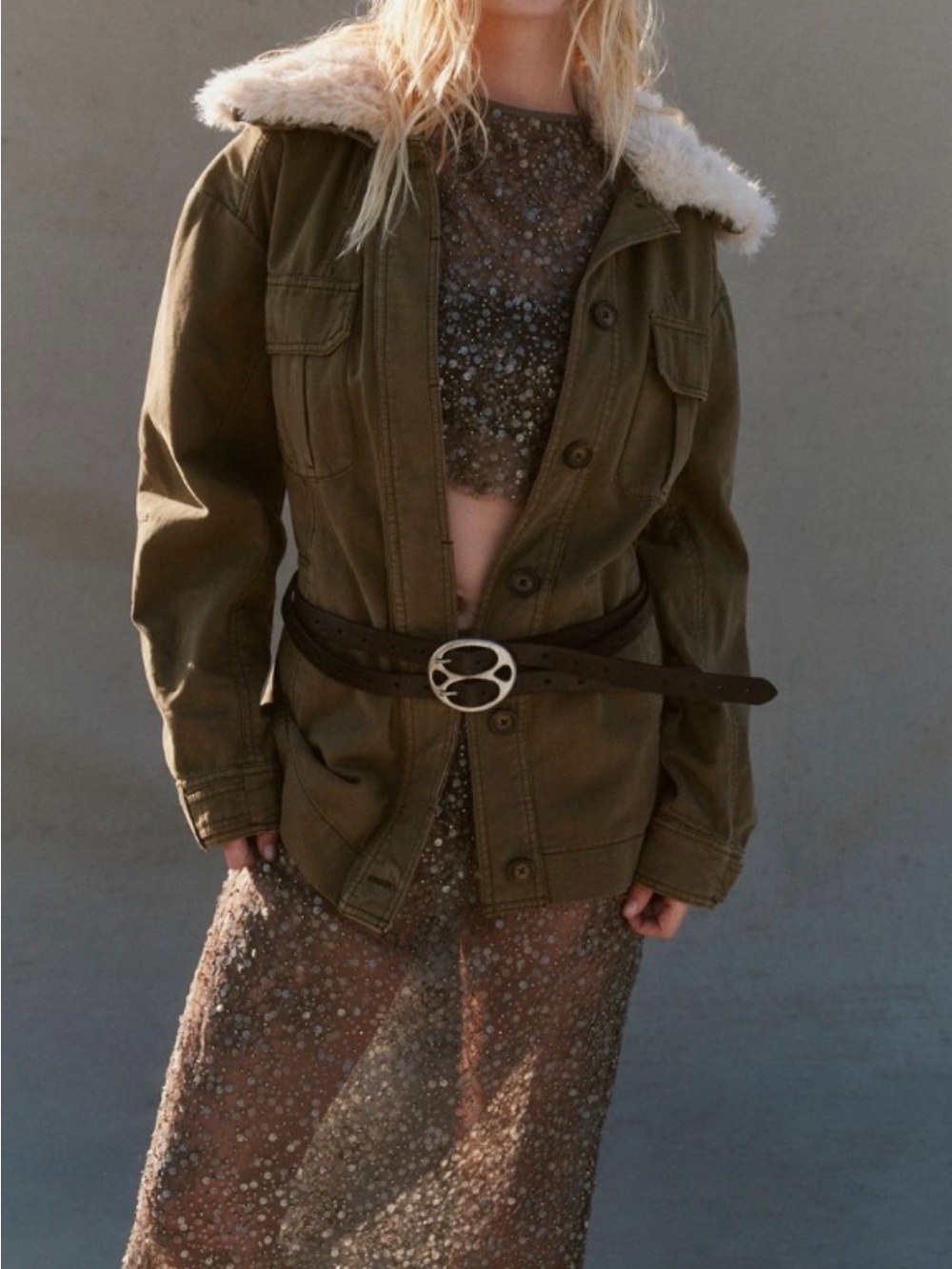 We The Free Olive Utility Jacket with Cream Sherpa Collar
